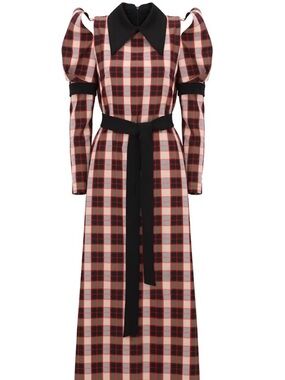 Plaid Long-Sleeve Dress with Black Collar and belt